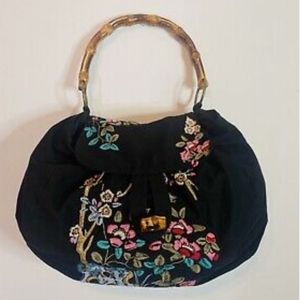C. Keer Anthropologie Embroidered Satchel Bamboo Handle Floral Purse